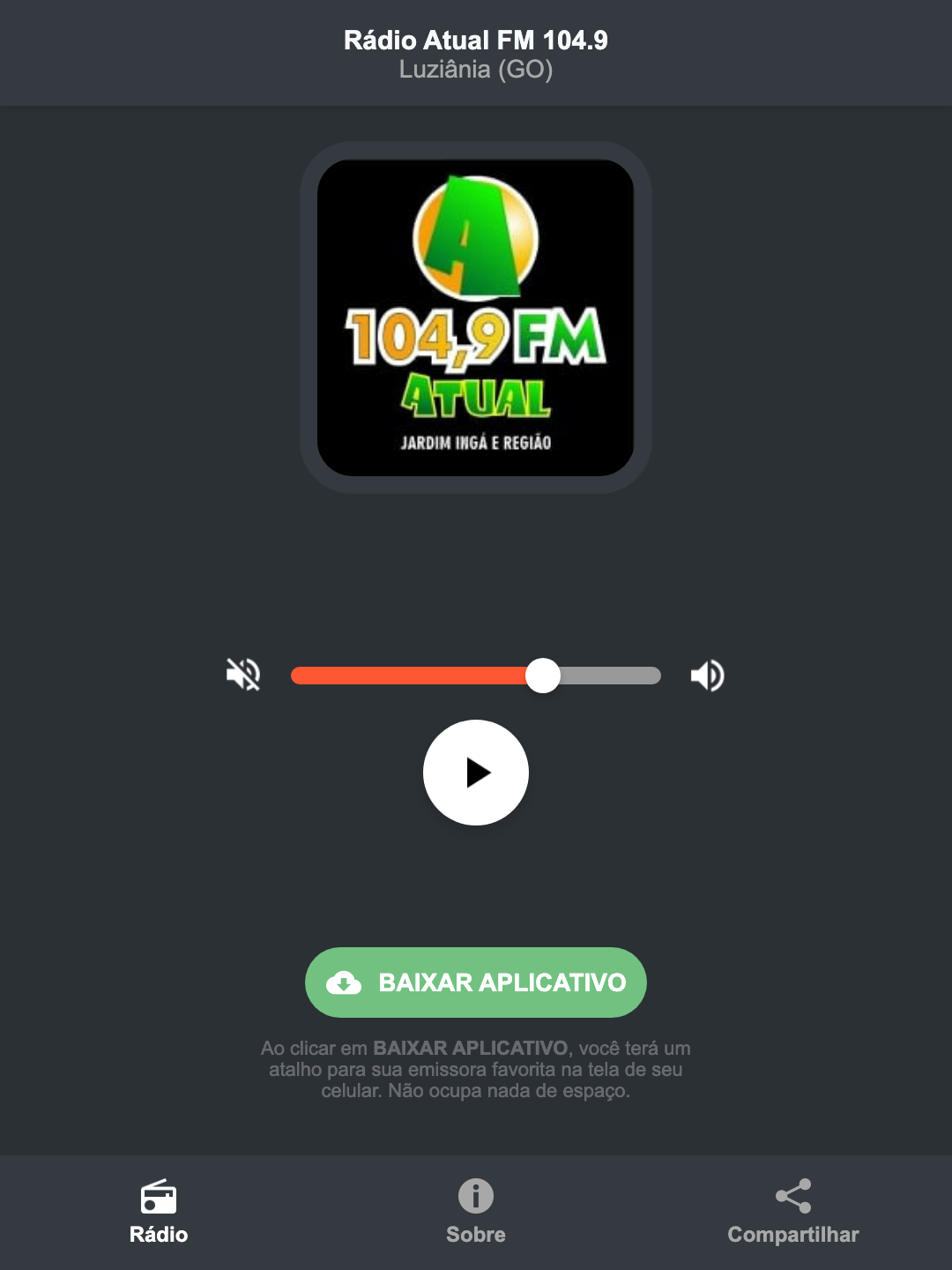 Screenshot do aplicativo da Rádio Atual FM 104.9