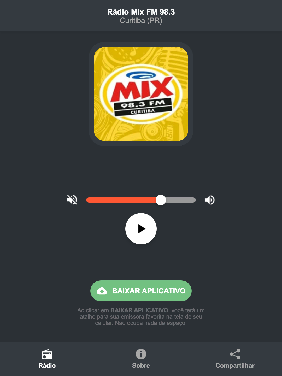 Screenshot do aplicativo da Rádio Mix FM 98.3