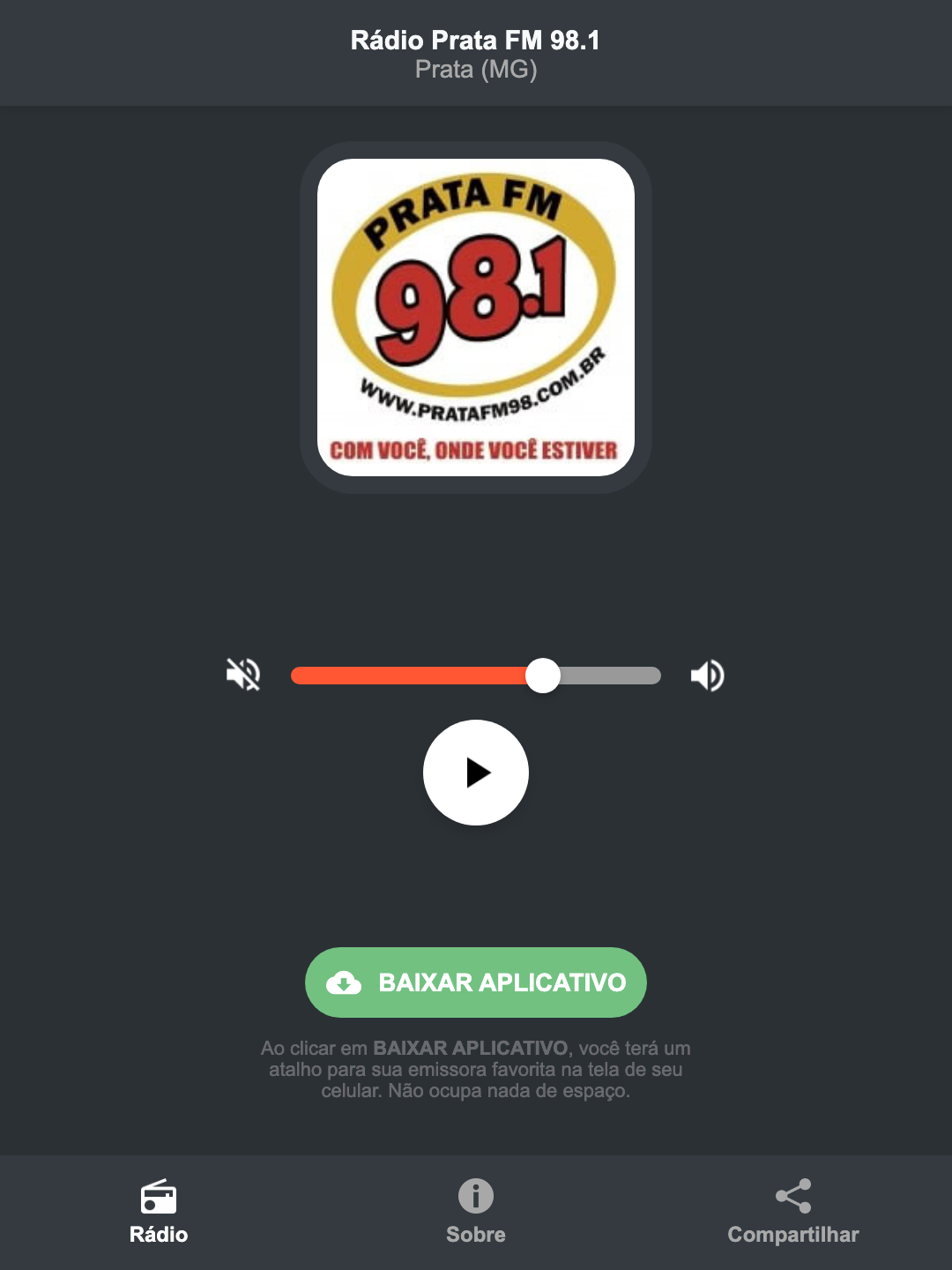 Screenshot do aplicativo da Rádio Prata FM 98.1