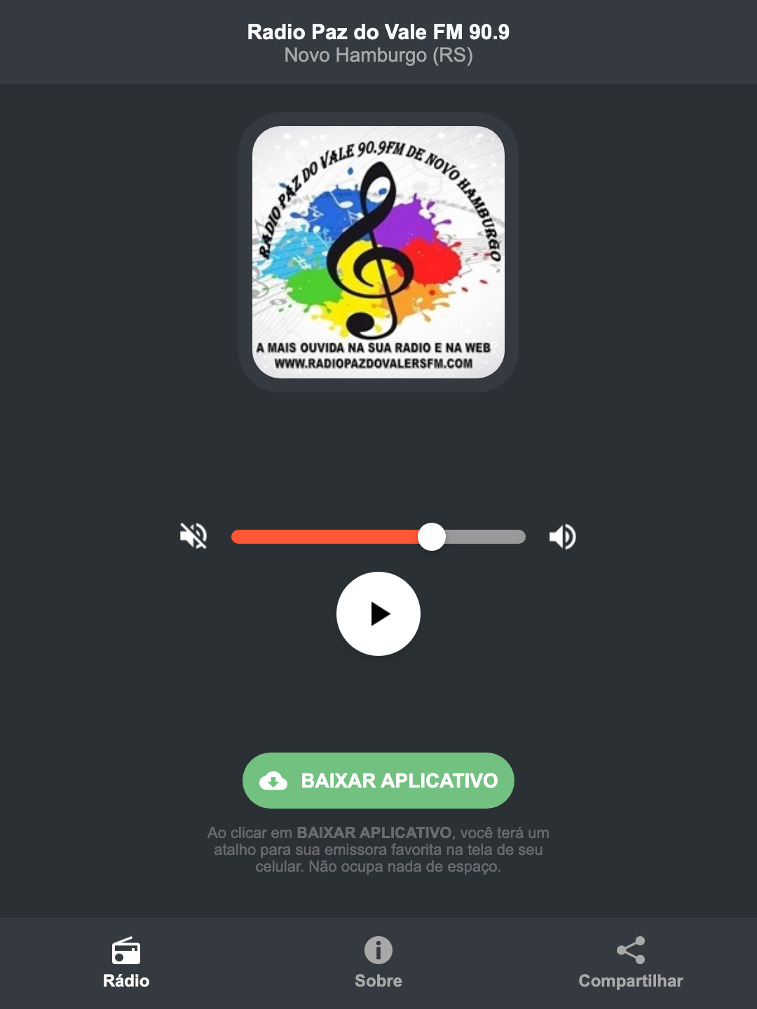 Screenshot do aplicativo da Radio Paz do Vale FM 90.9