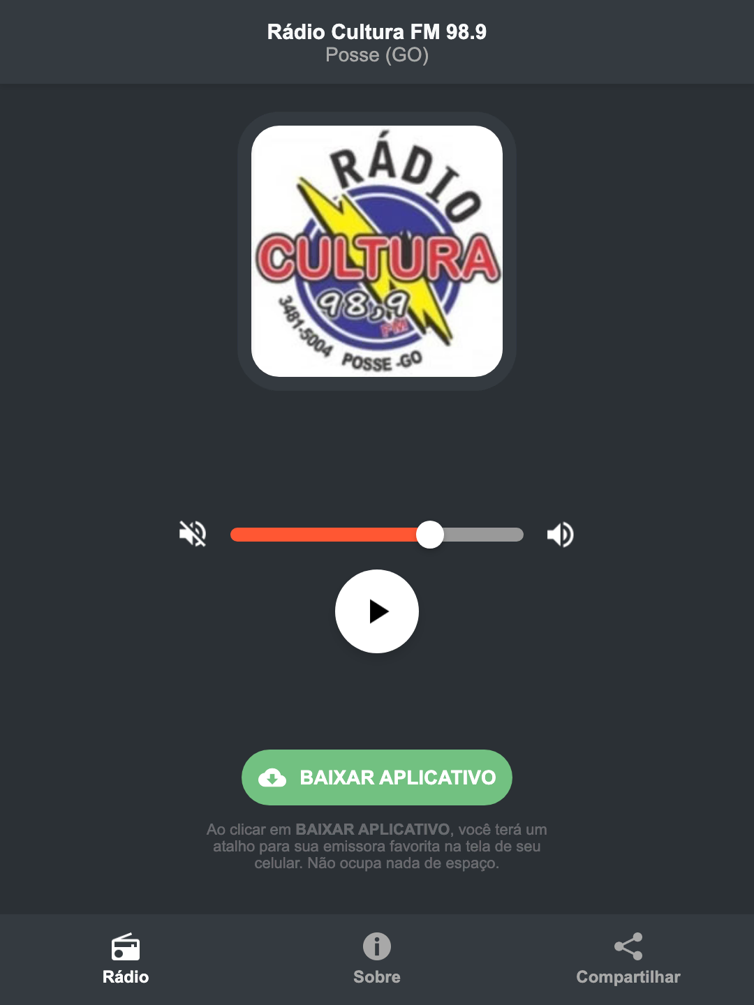 Screenshot do aplicativo da Rádio Cultura FM 98.9