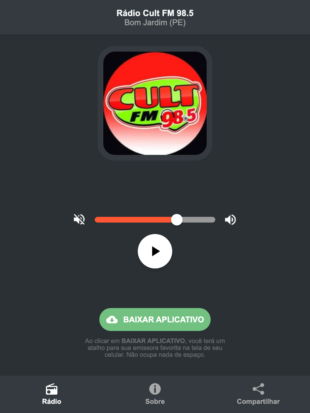 Screenshot do aplicativo da Rádio Cult FM 98.5