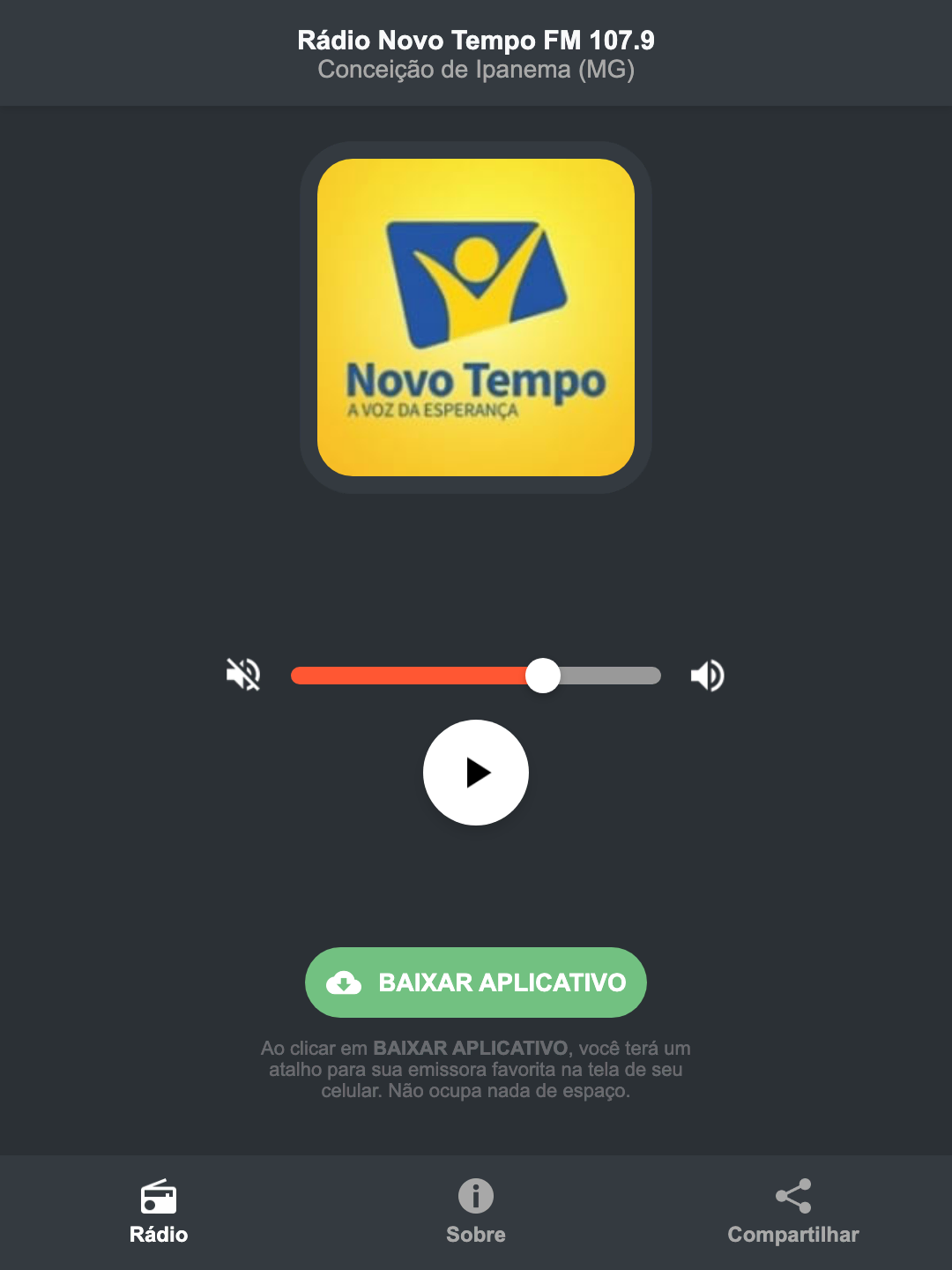 Screenshot do aplicativo da Rádio Novo Tempo FM 107.9