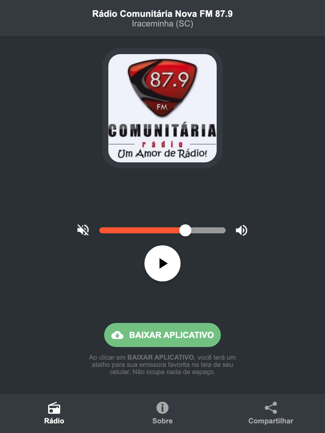 Screenshot do aplicativo da Rádio Comunitária Nova FM 87.9