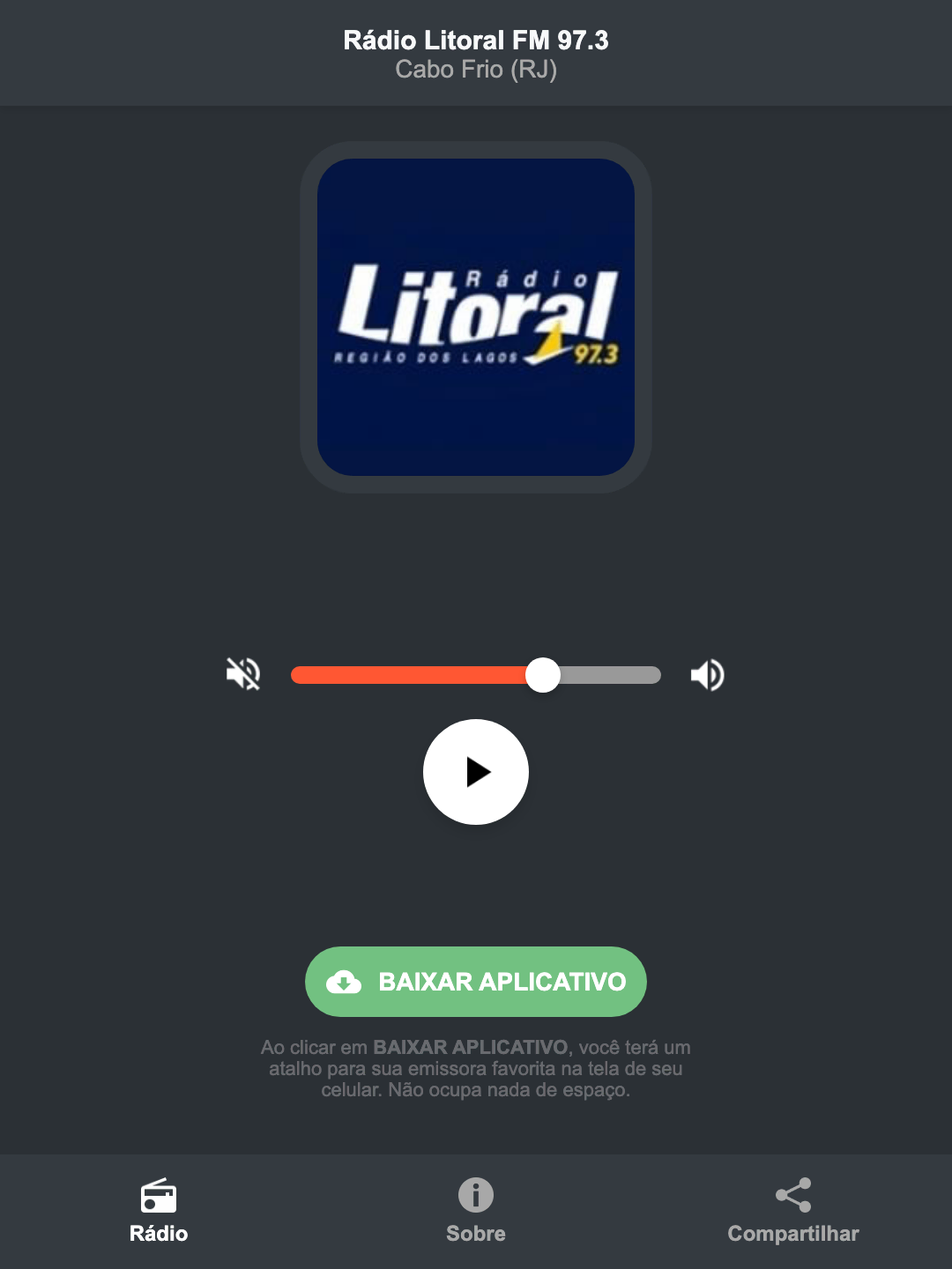 Screenshot do aplicativo da Rádio Litoral FM 97.3