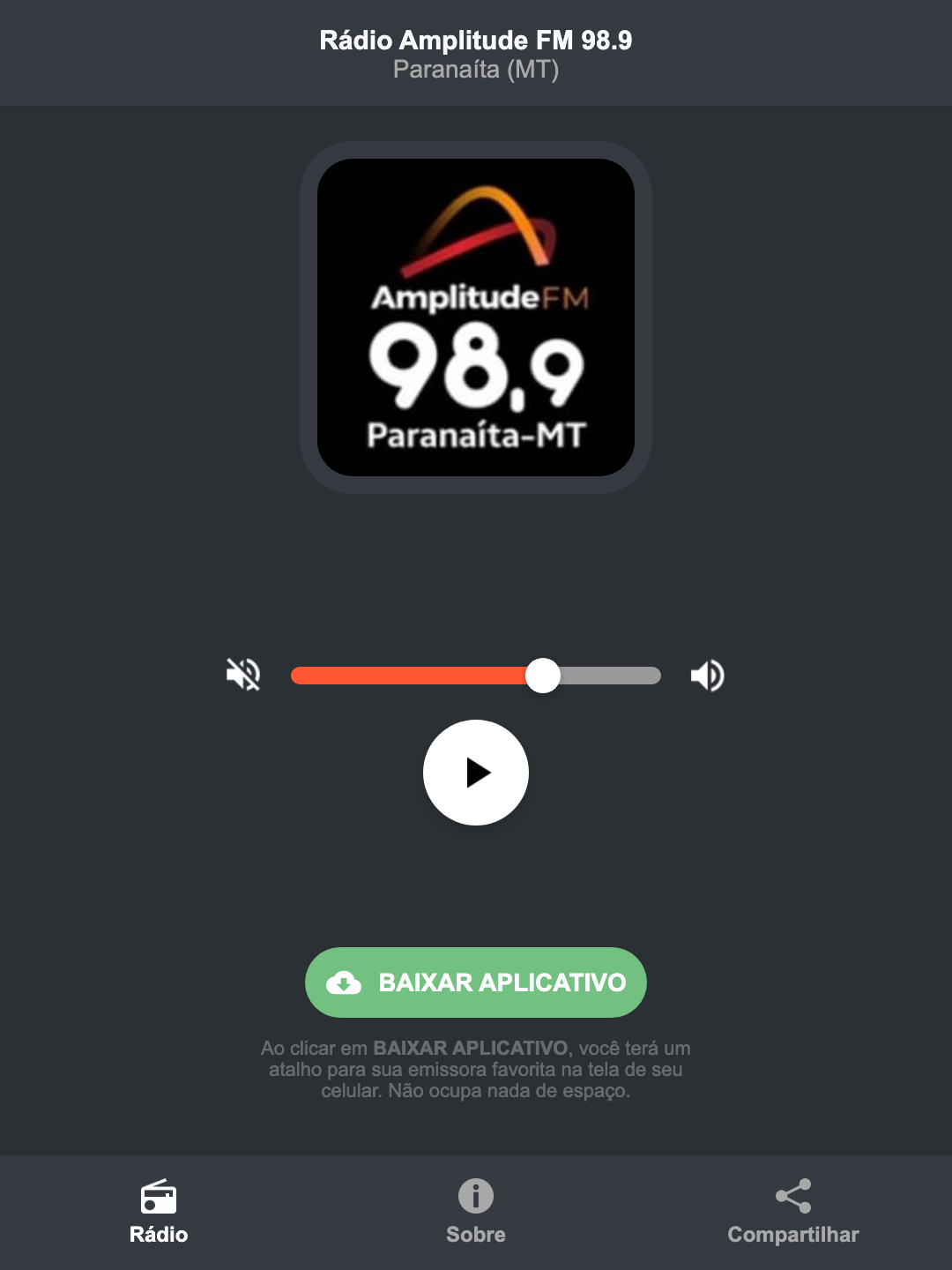 Screenshot do aplicativo da Rádio Amplitude FM 98.9