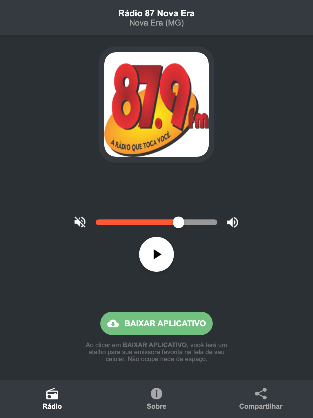 Screenshot do aplicativo da Rádio 87 Nova Era