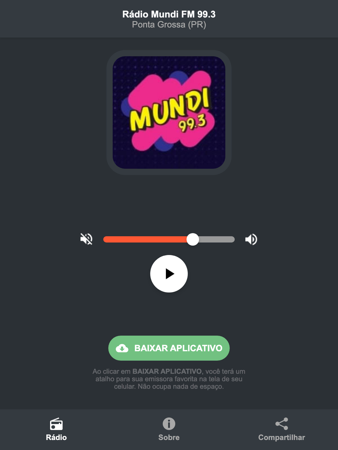 Screenshot do aplicativo da Rádio Mundi FM 99.3