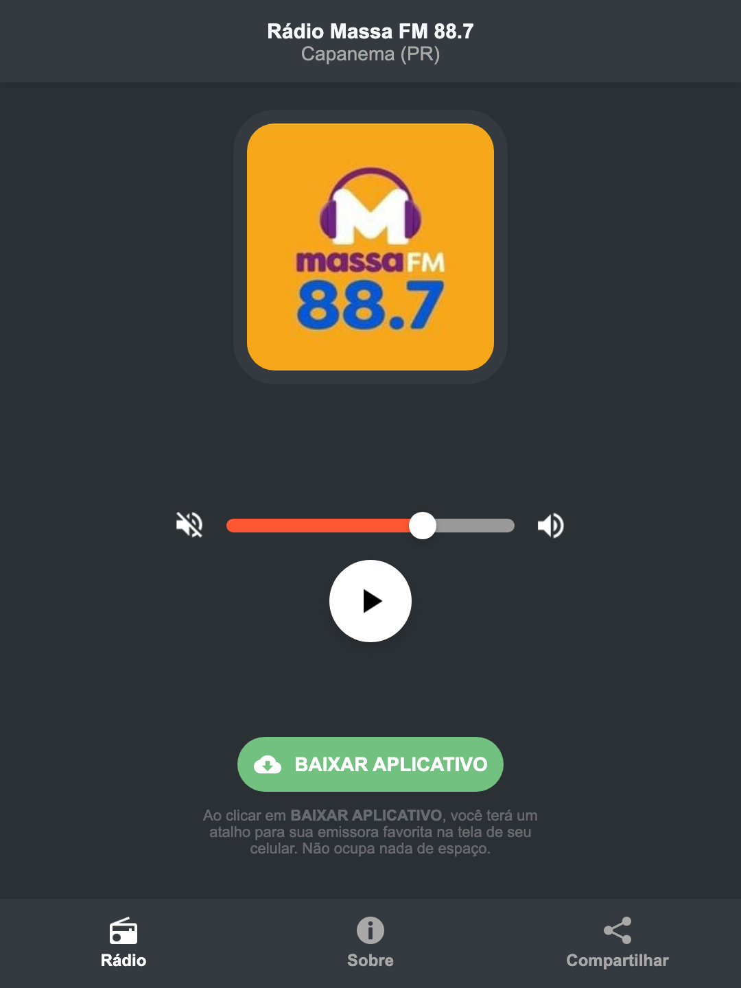 Screenshot do aplicativo da Rádio Massa FM 88.7