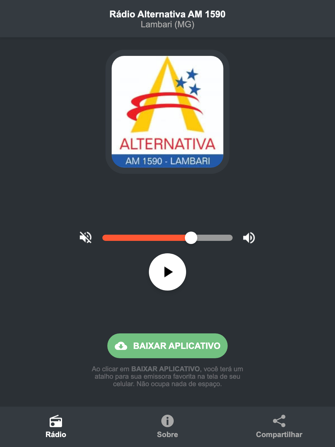 Screenshot do aplicativo da Rádio Alternativa AM 1590