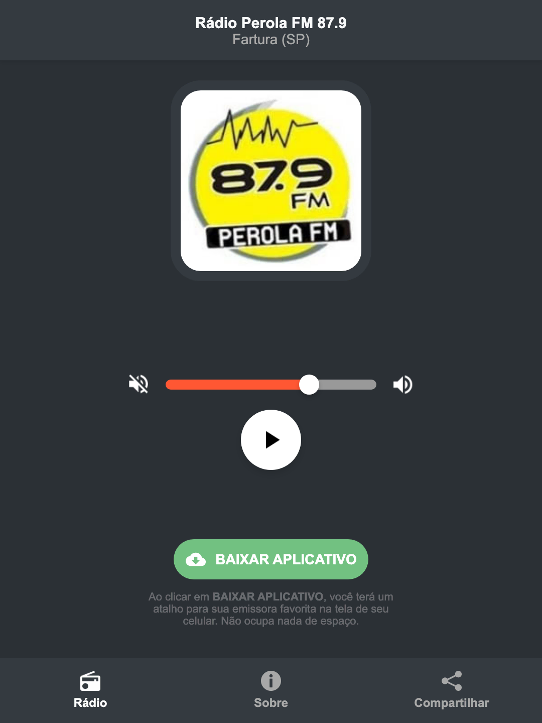 Screenshot do aplicativo da Rádio Perola FM 87.9