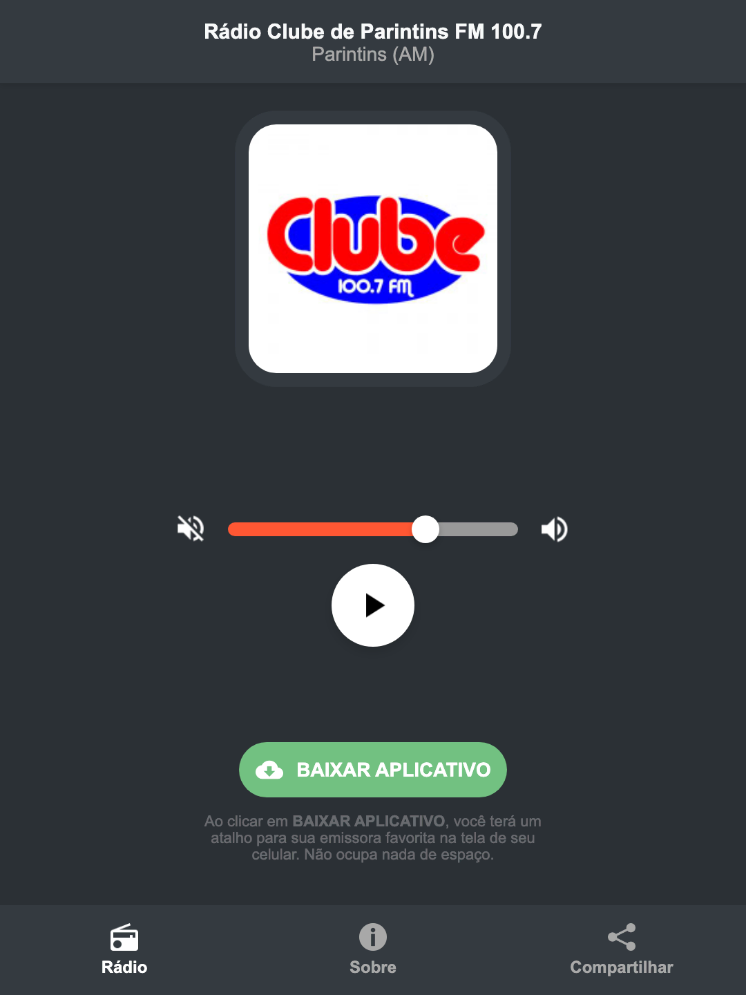 Screenshot do aplicativo da Rádio Clube de Parintins FM 100.7
