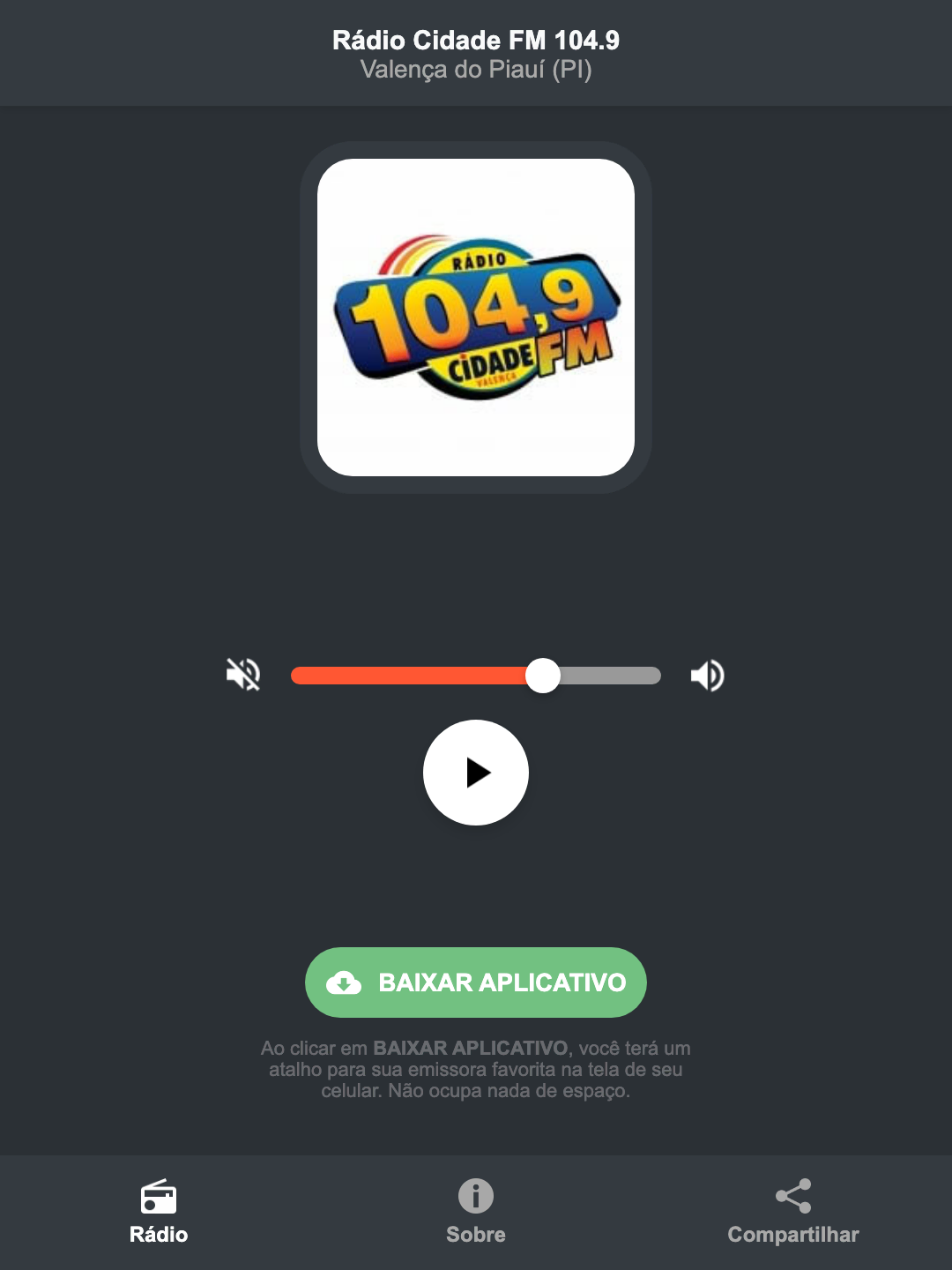 Screenshot do aplicativo da Rádio Cidade FM 104.9