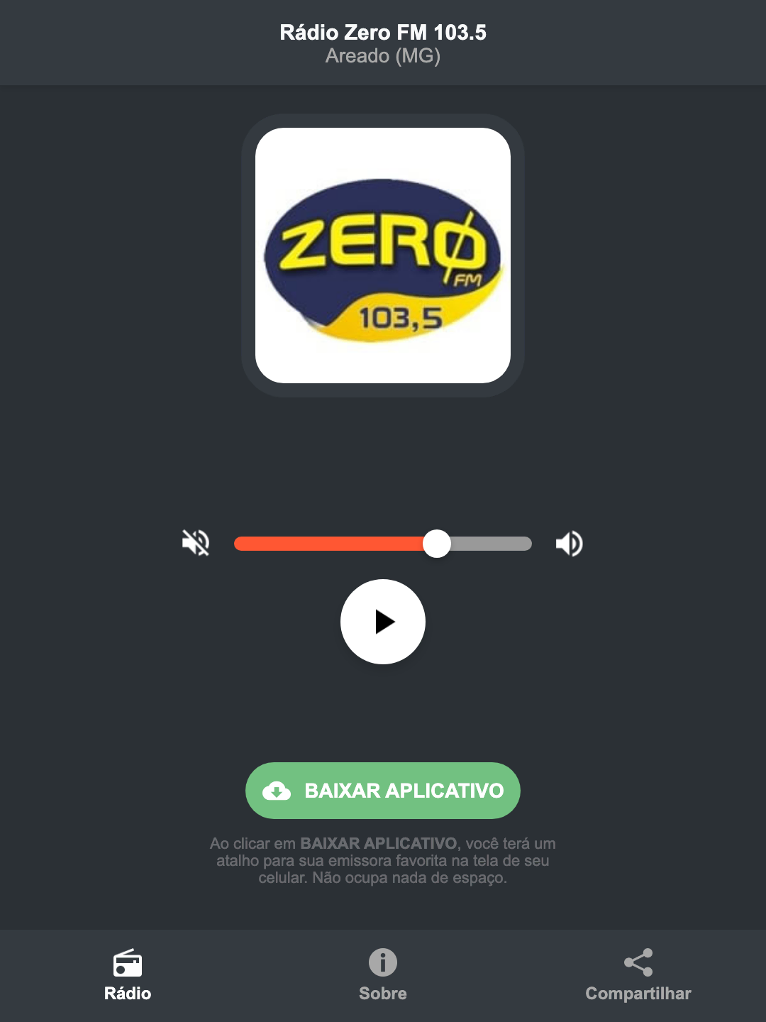 Screenshot do aplicativo da Rádio Zero FM 103.5