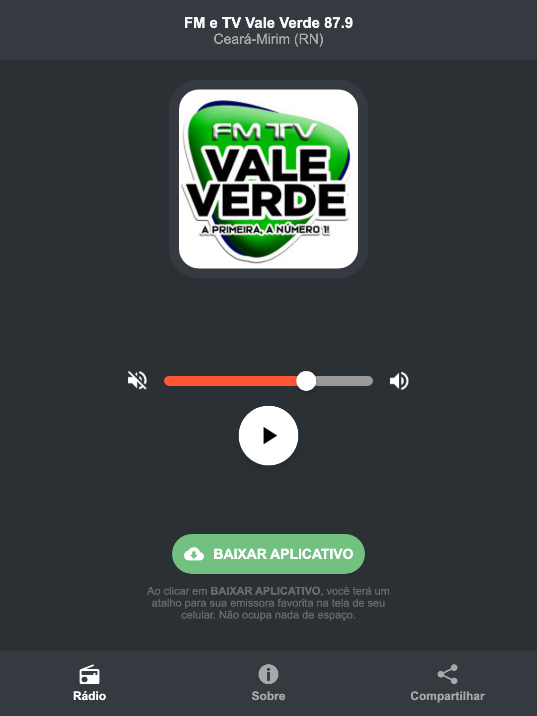 Screenshot do aplicativo da FM e TV Vale Verde 87.9