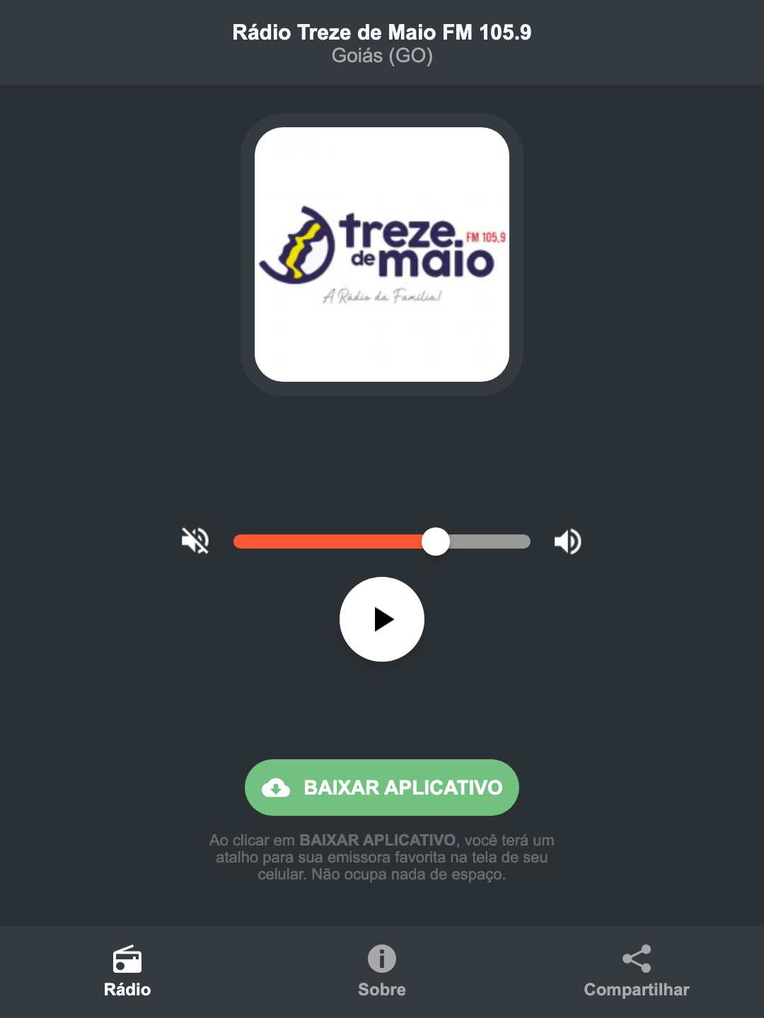 Screenshot do aplicativo da Rádio Treze de Maio FM 105.9