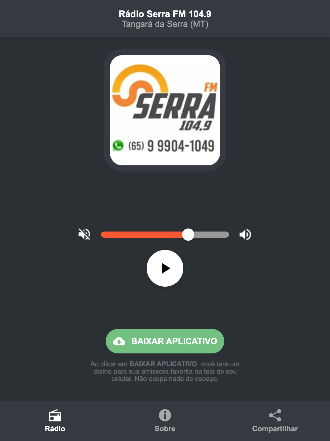 Screenshot do aplicativo da Rádio Serra FM 104.9