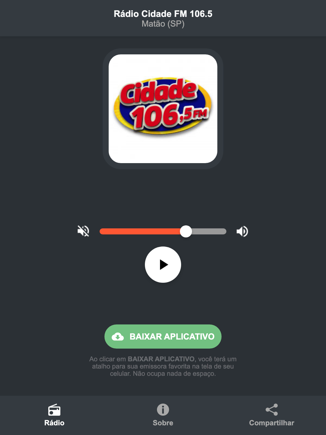 Screenshot do aplicativo da Rádio Cidade FM 106.5