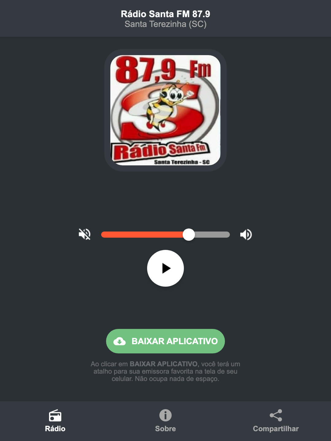 Screenshot do aplicativo da Rádio Santa FM 87.9