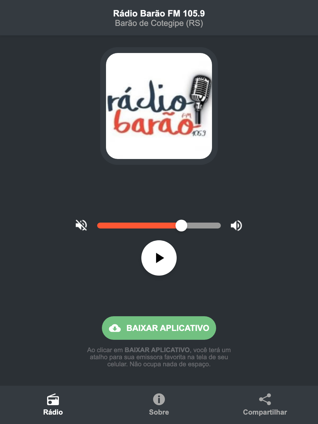 Screenshot do aplicativo da Rádio Barão FM 105.9