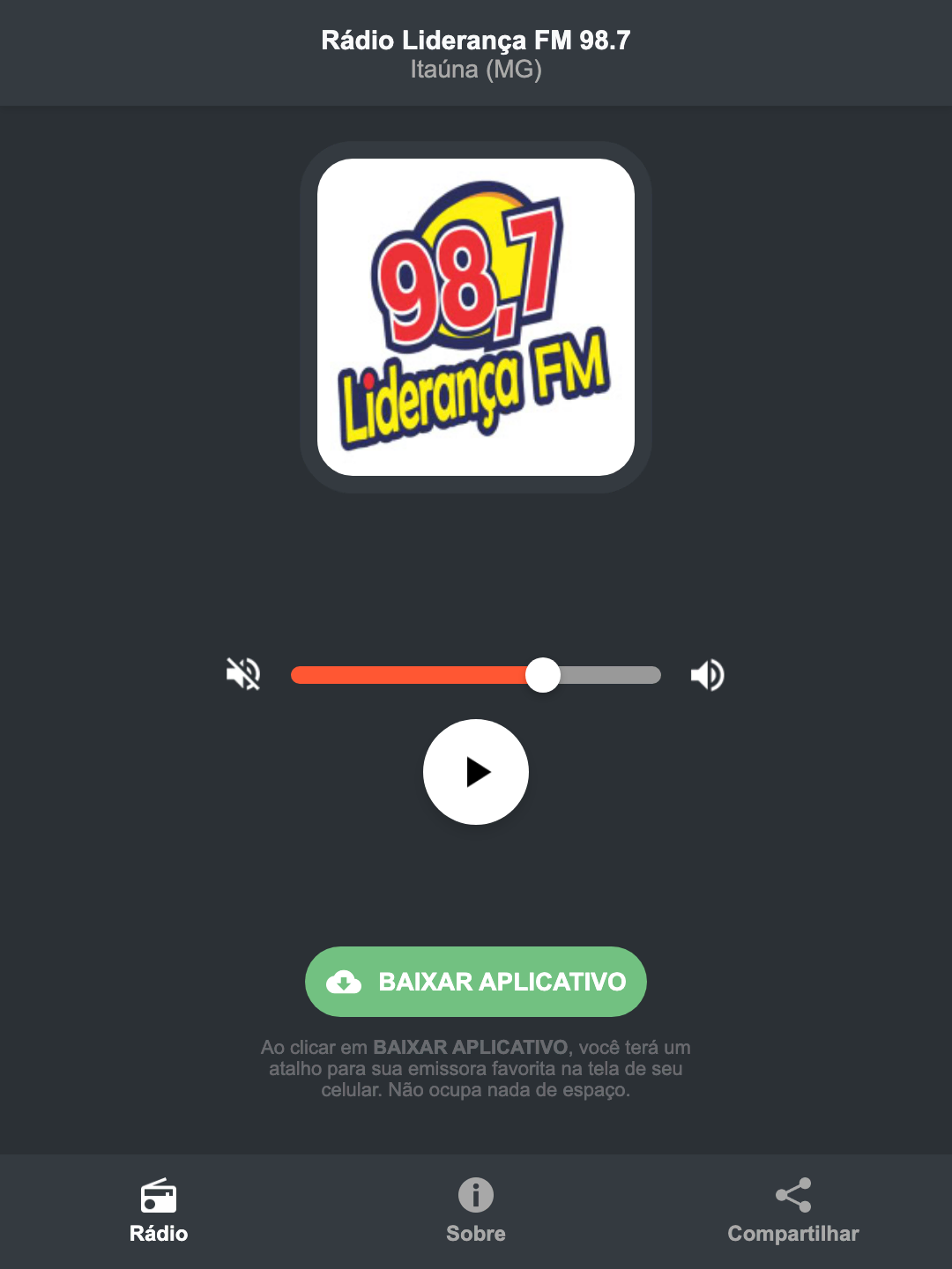 Screenshot do aplicativo da Rádio Liderança FM 98.7