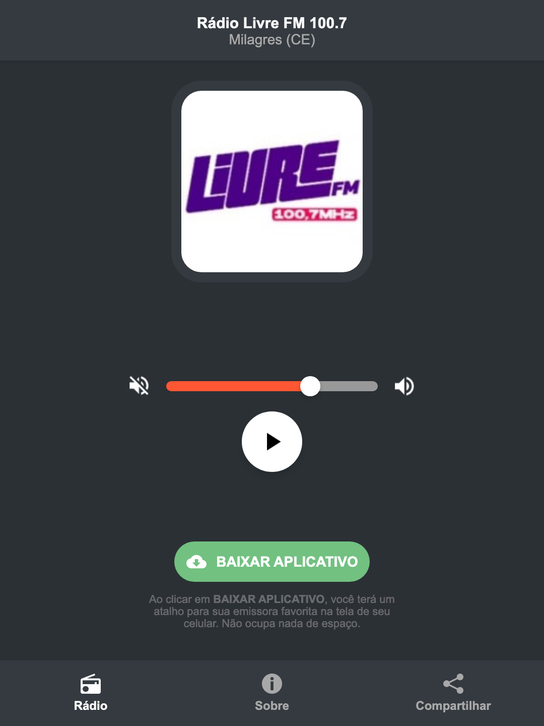 Screenshot do aplicativo da Rádio Livre FM 100.7
