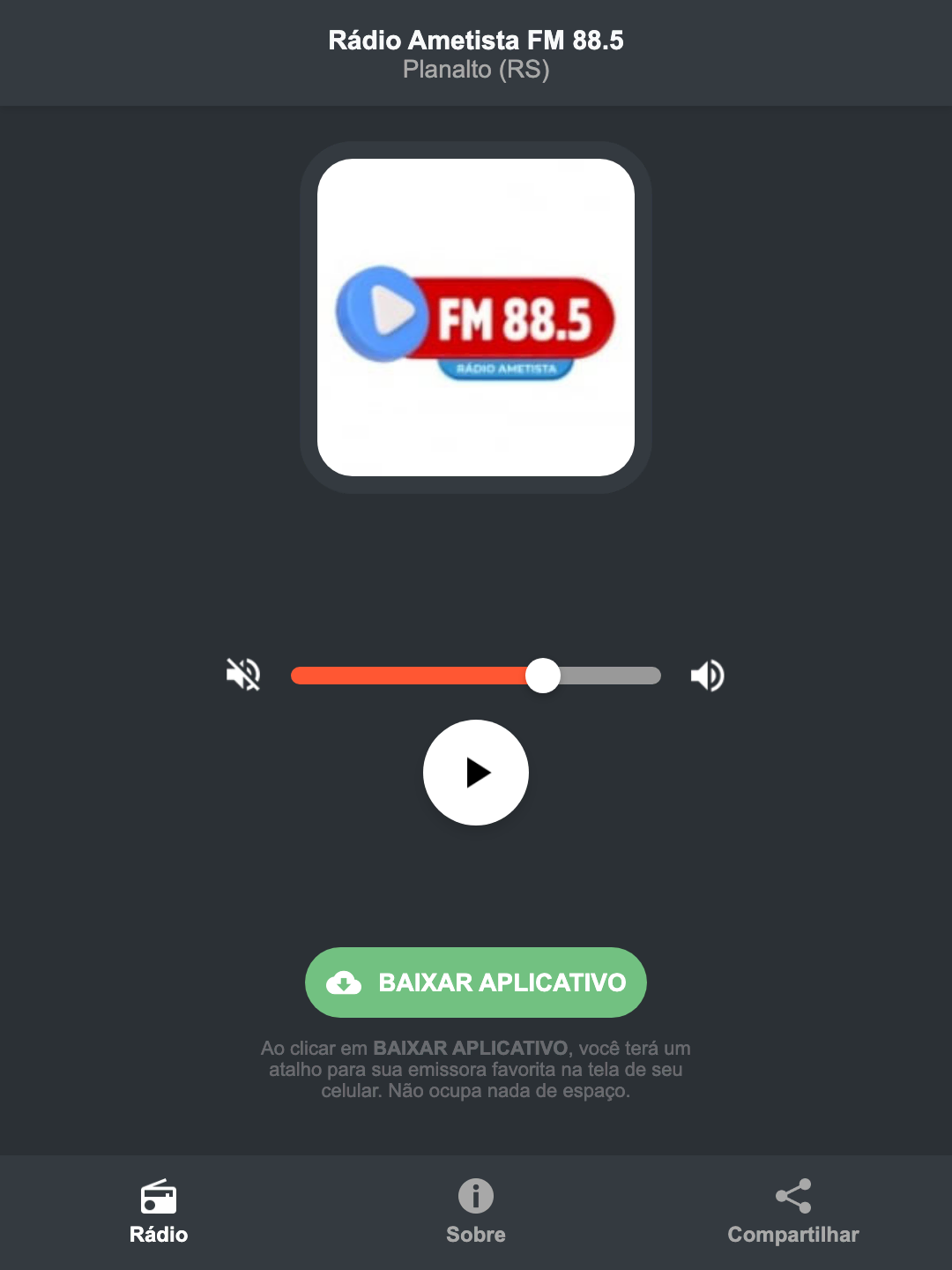 Screenshot do aplicativo da Rádio Ametista FM 88.5