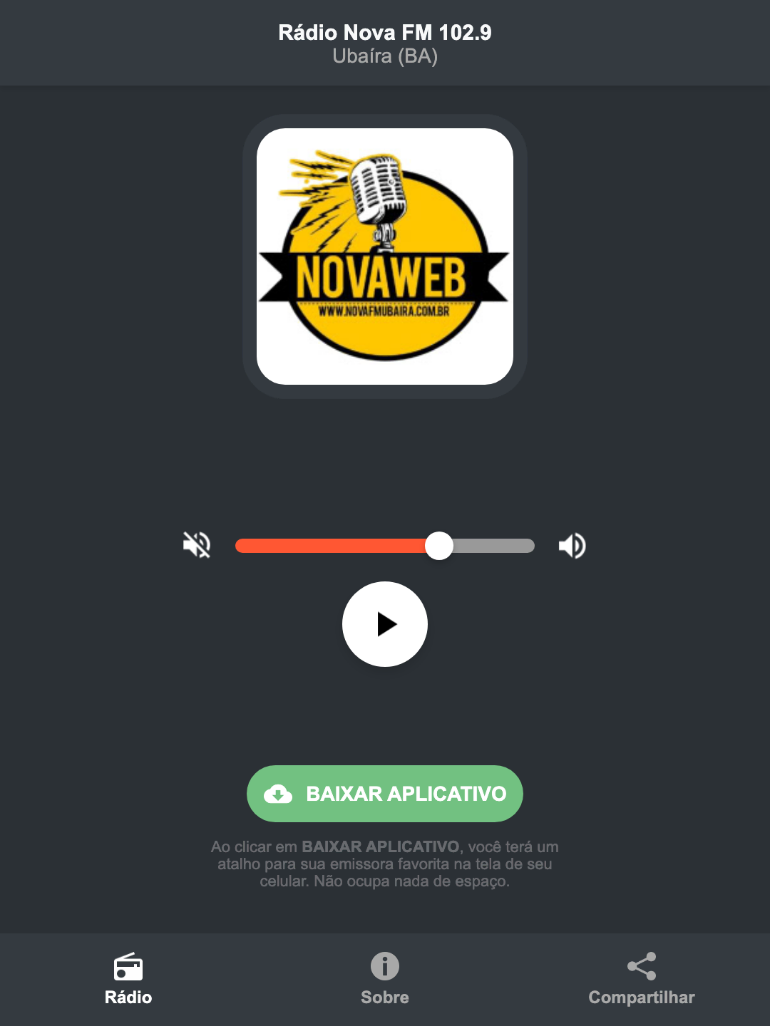 Screenshot do aplicativo da Rádio Nova FM 102.9