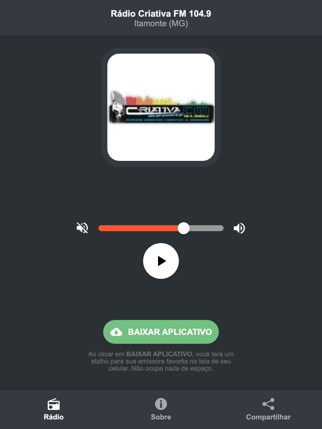 Screenshot do aplicativo da Rádio Criativa FM 104.9