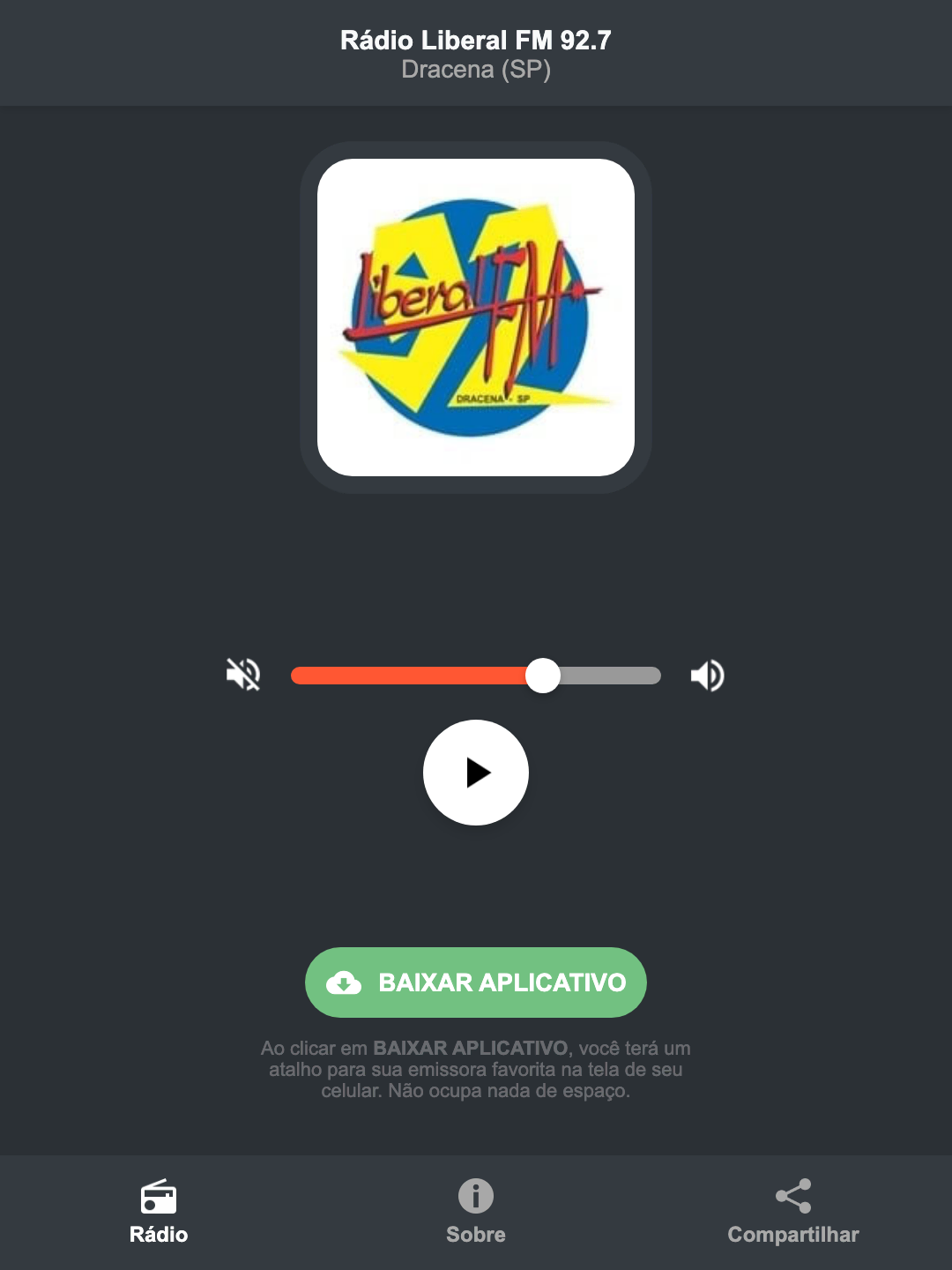 Screenshot do aplicativo da Rádio Liberal FM 92.7