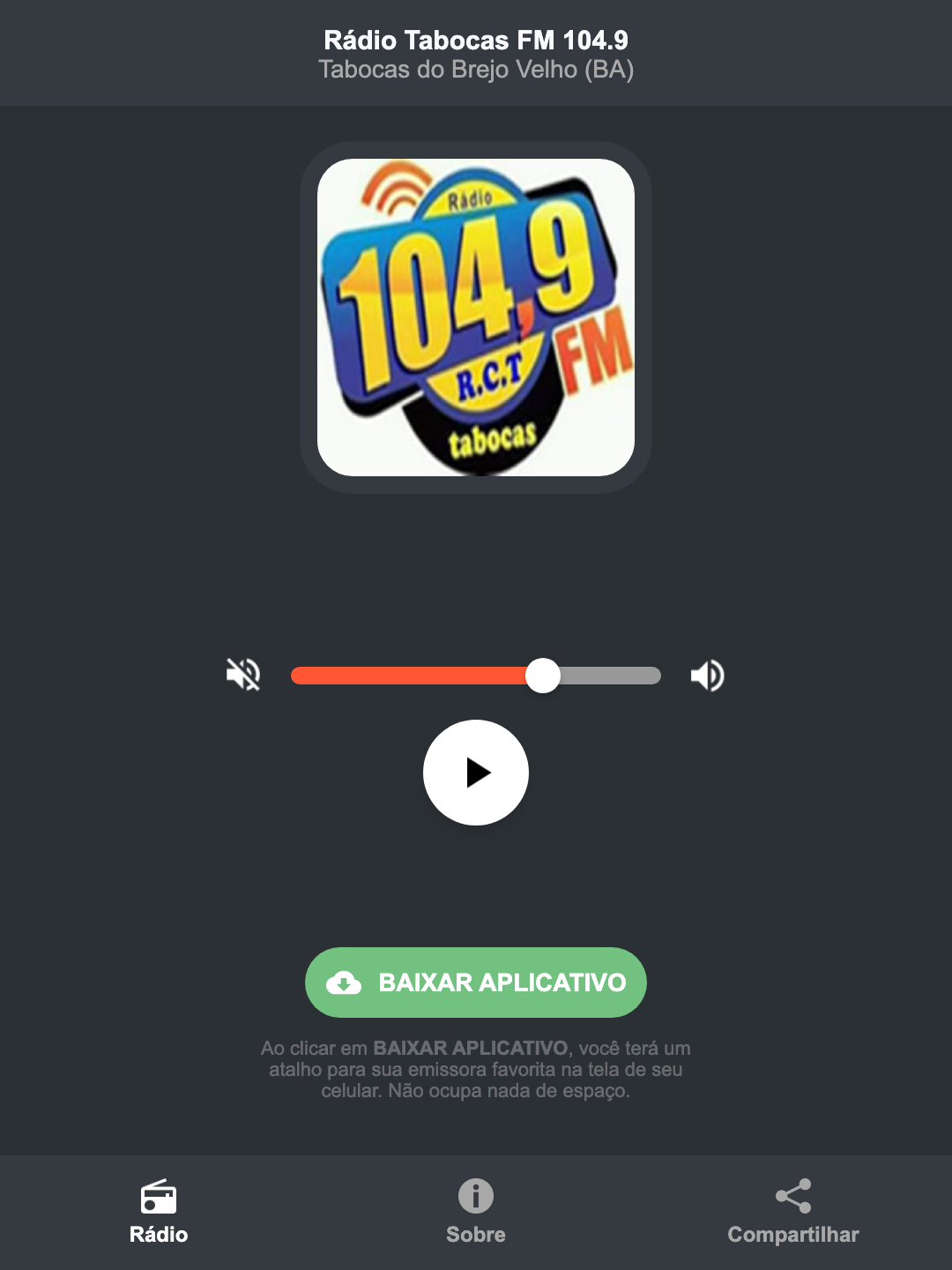 Screenshot do aplicativo da Rádio Tabocas FM 104.9