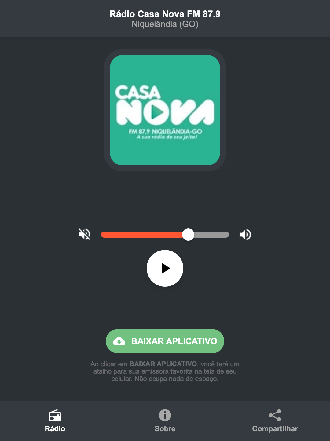Screenshot do aplicativo da Rádio Casa Nova FM 87.9