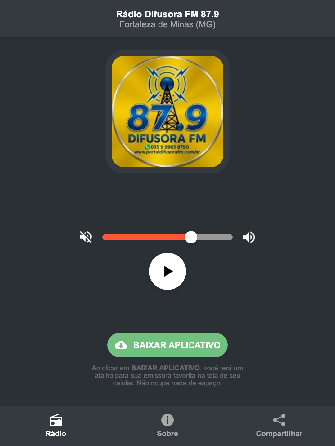 Screenshot do aplicativo da Rádio Difusora FM 87.9