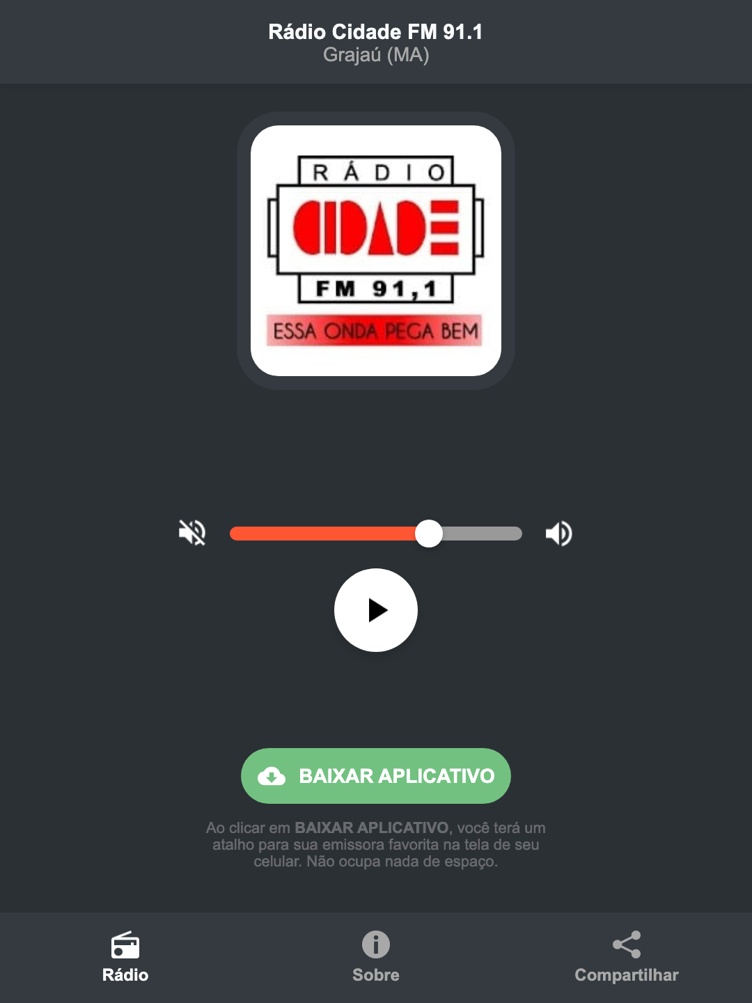 Screenshot do aplicativo da Rádio Cidade FM 91.1