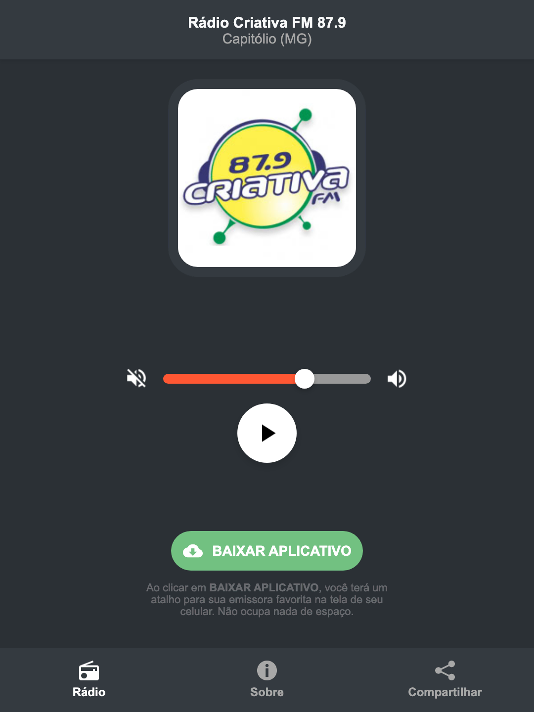 Screenshot do aplicativo da Rádio Criativa FM 87.9