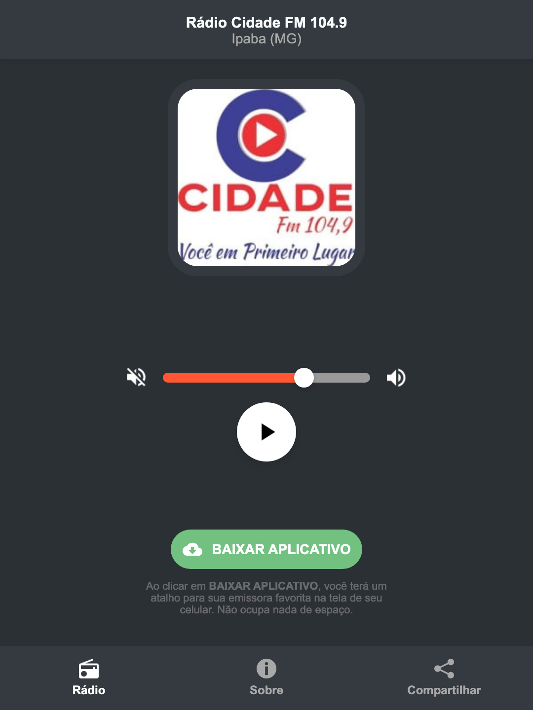 Screenshot do aplicativo da Rádio Cidade FM 104.9