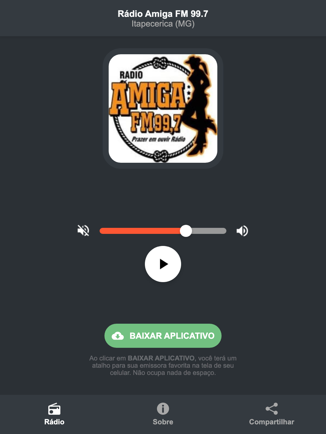 Screenshot do aplicativo da Rádio Amiga FM 99.7