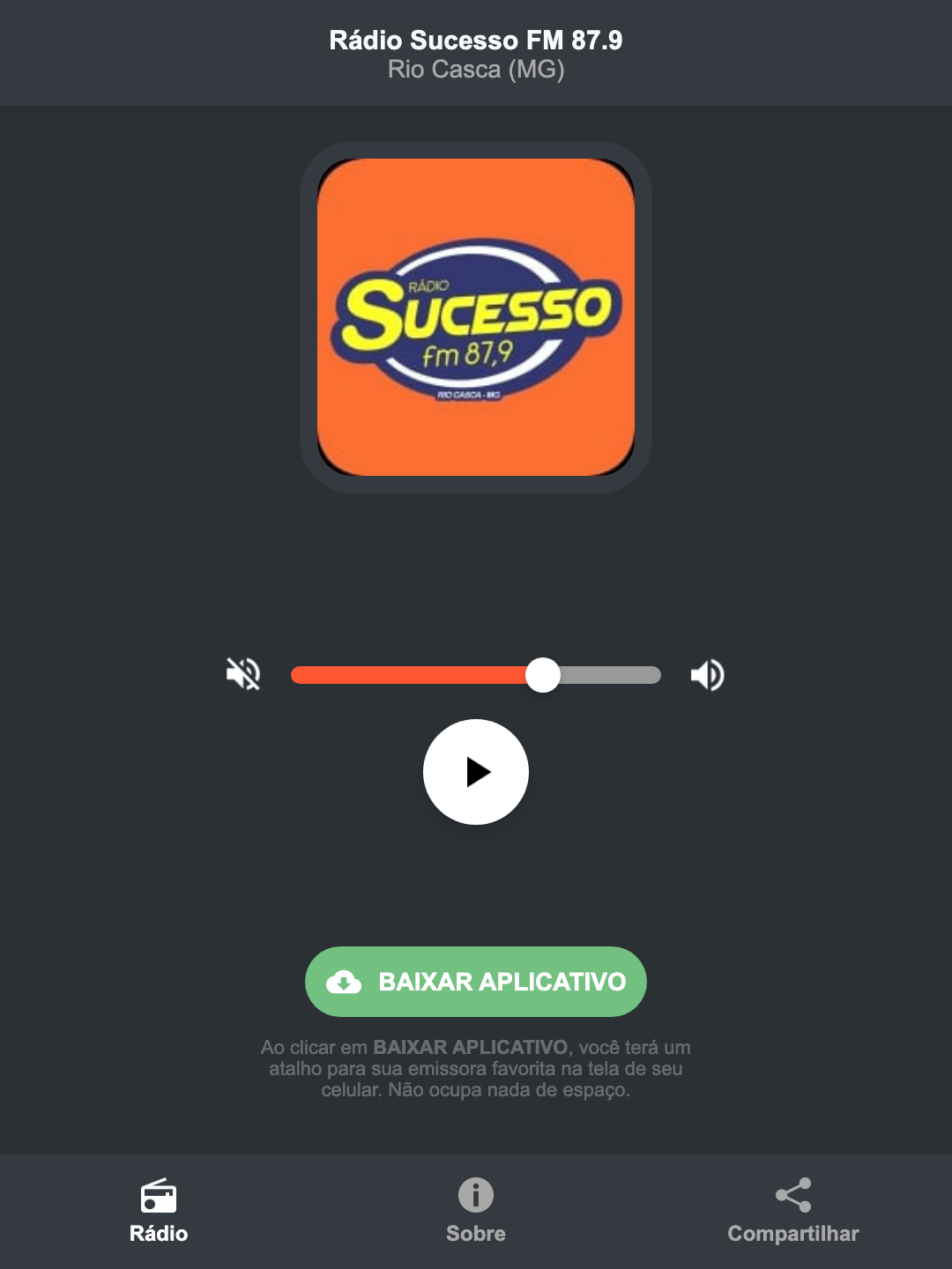 Screenshot do aplicativo da Rádio Sucesso FM 87.9