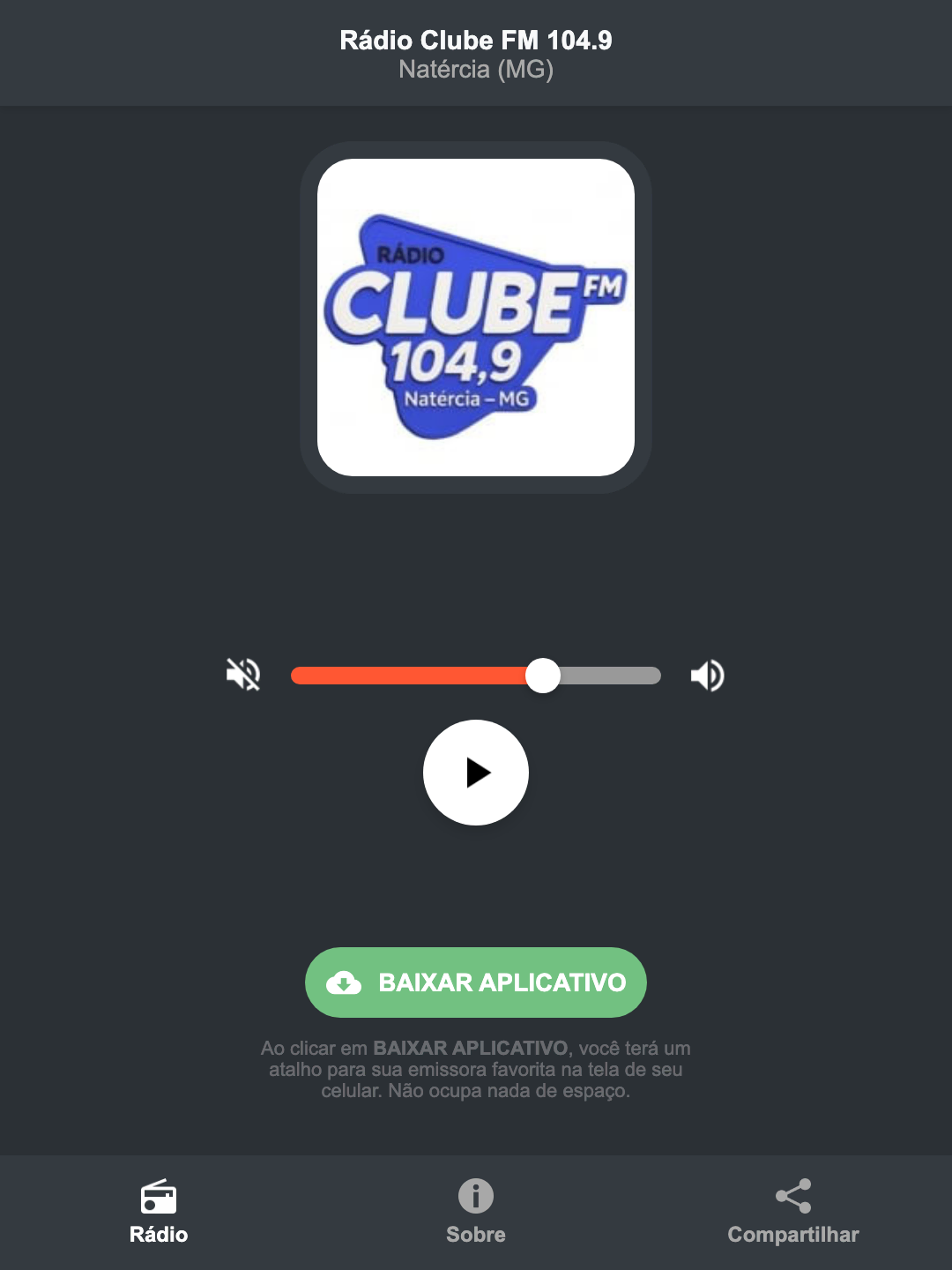 Screenshot do aplicativo da Rádio Clube FM 104.9