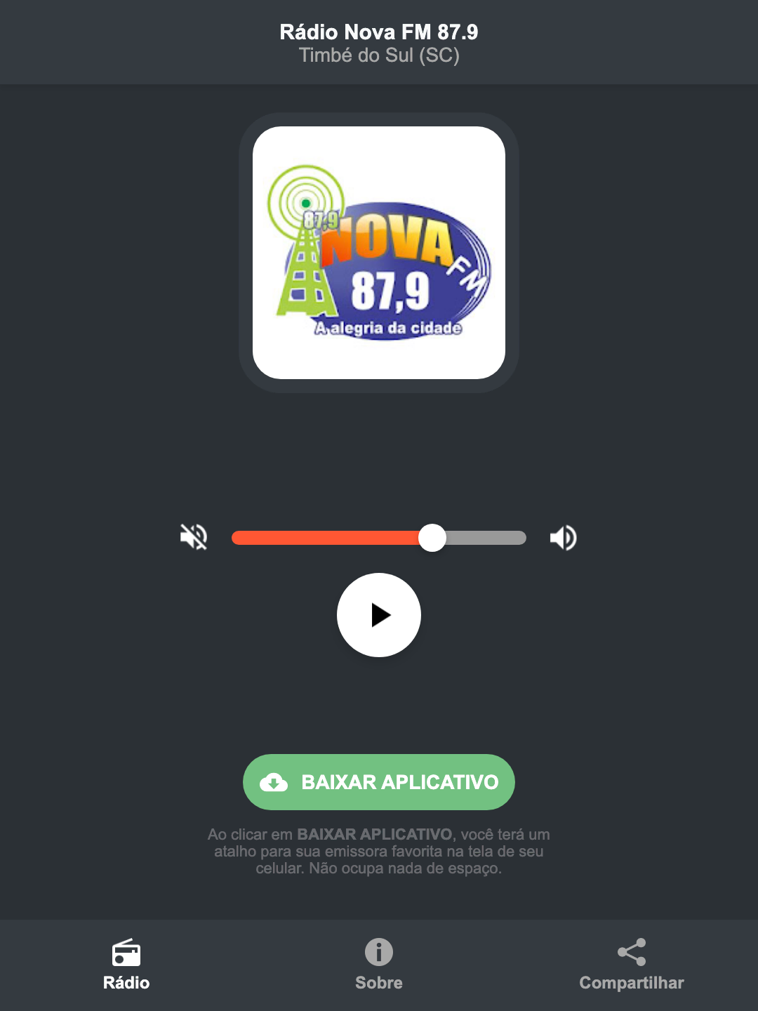 Screenshot do aplicativo da Rádio Nova FM 87.9
