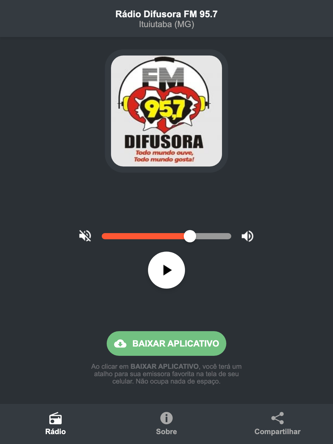 Screenshot do aplicativo da Rádio Difusora FM 95.7