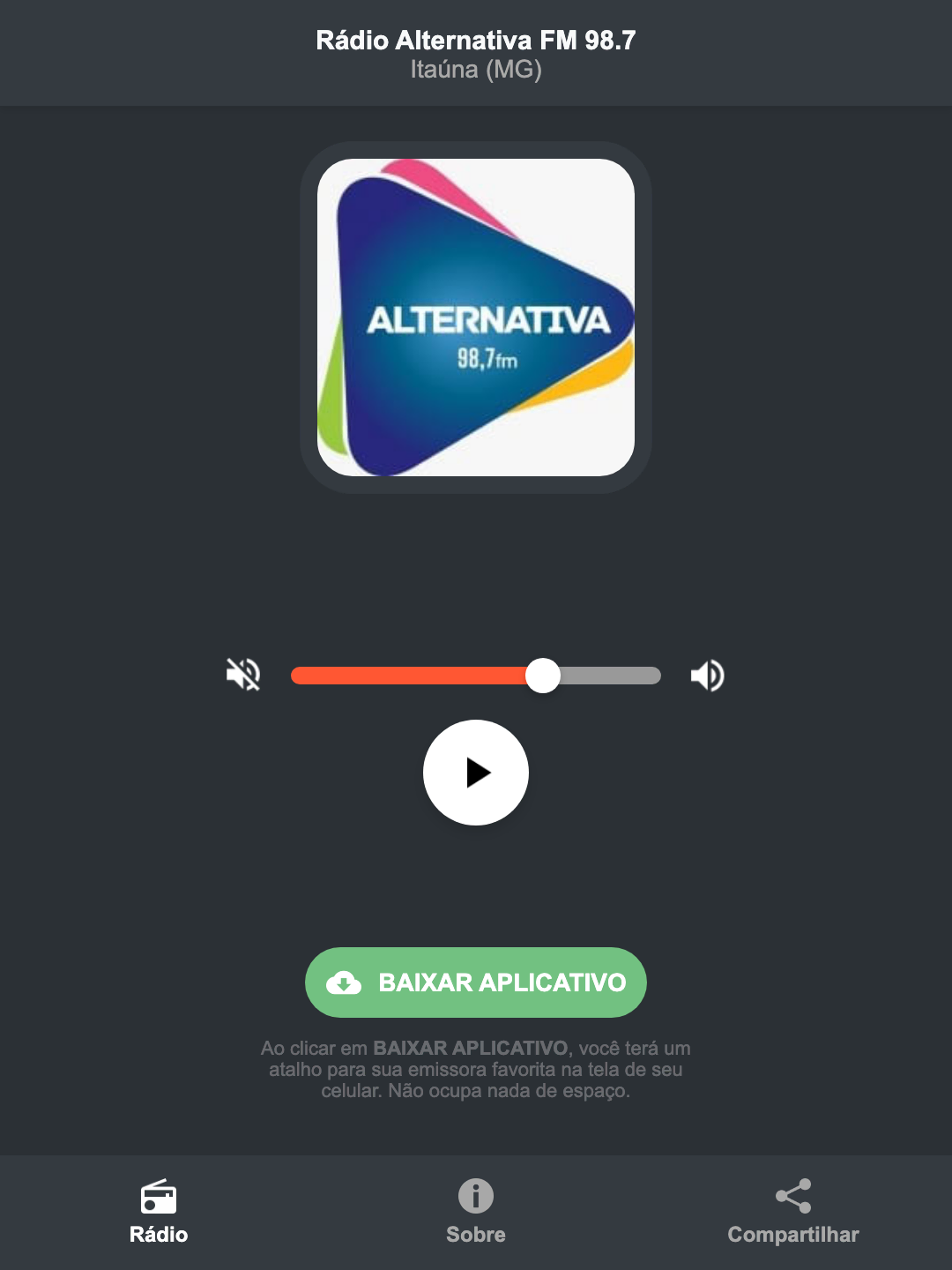 Screenshot do aplicativo da Rádio Alternativa FM 98.7