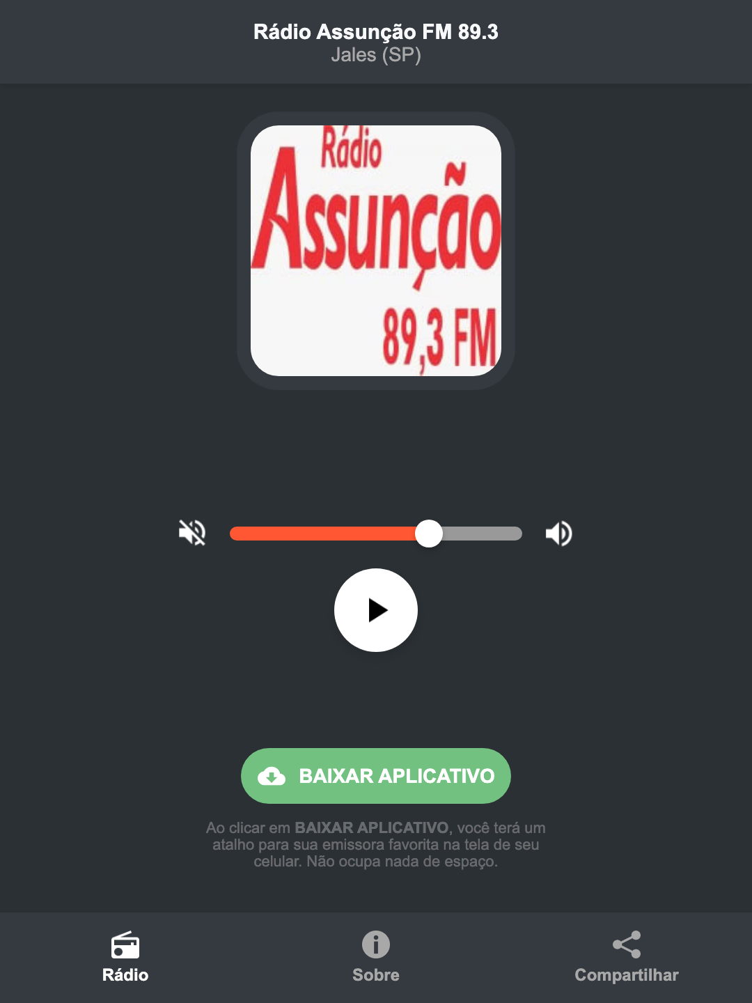 Screenshot do aplicativo da Rádio Assunção FM 89.3