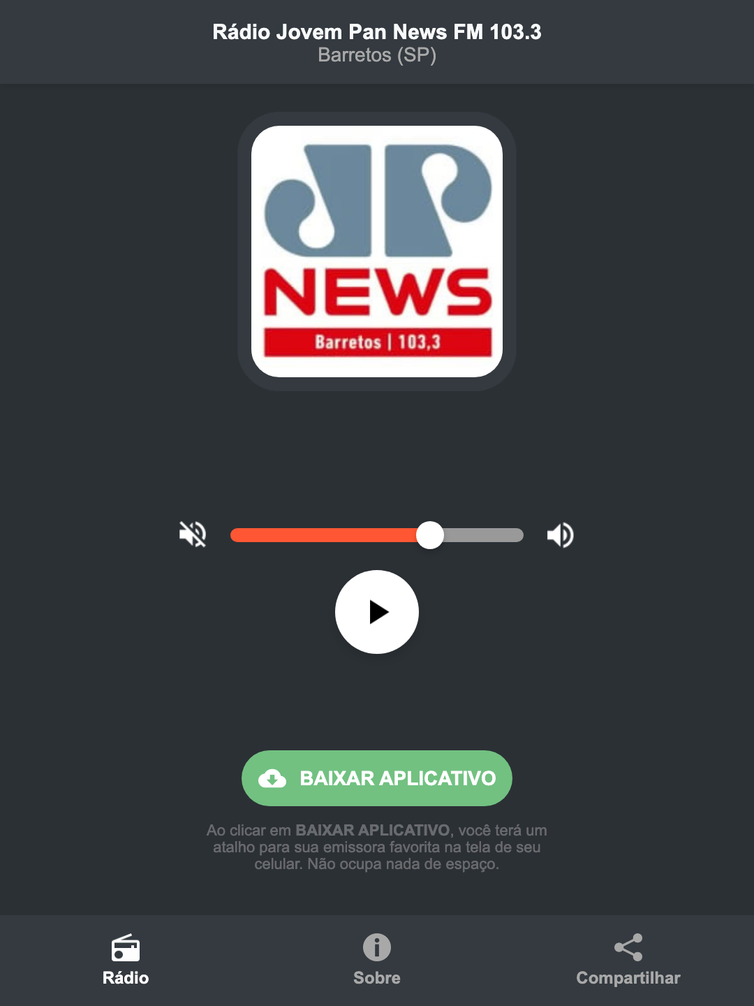 Screenshot do aplicativo da Rádio Jovem Pan News FM 103.3