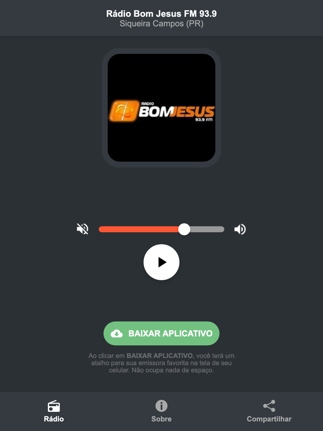 Screenshot do aplicativo da Rádio Bom Jesus FM 93.9