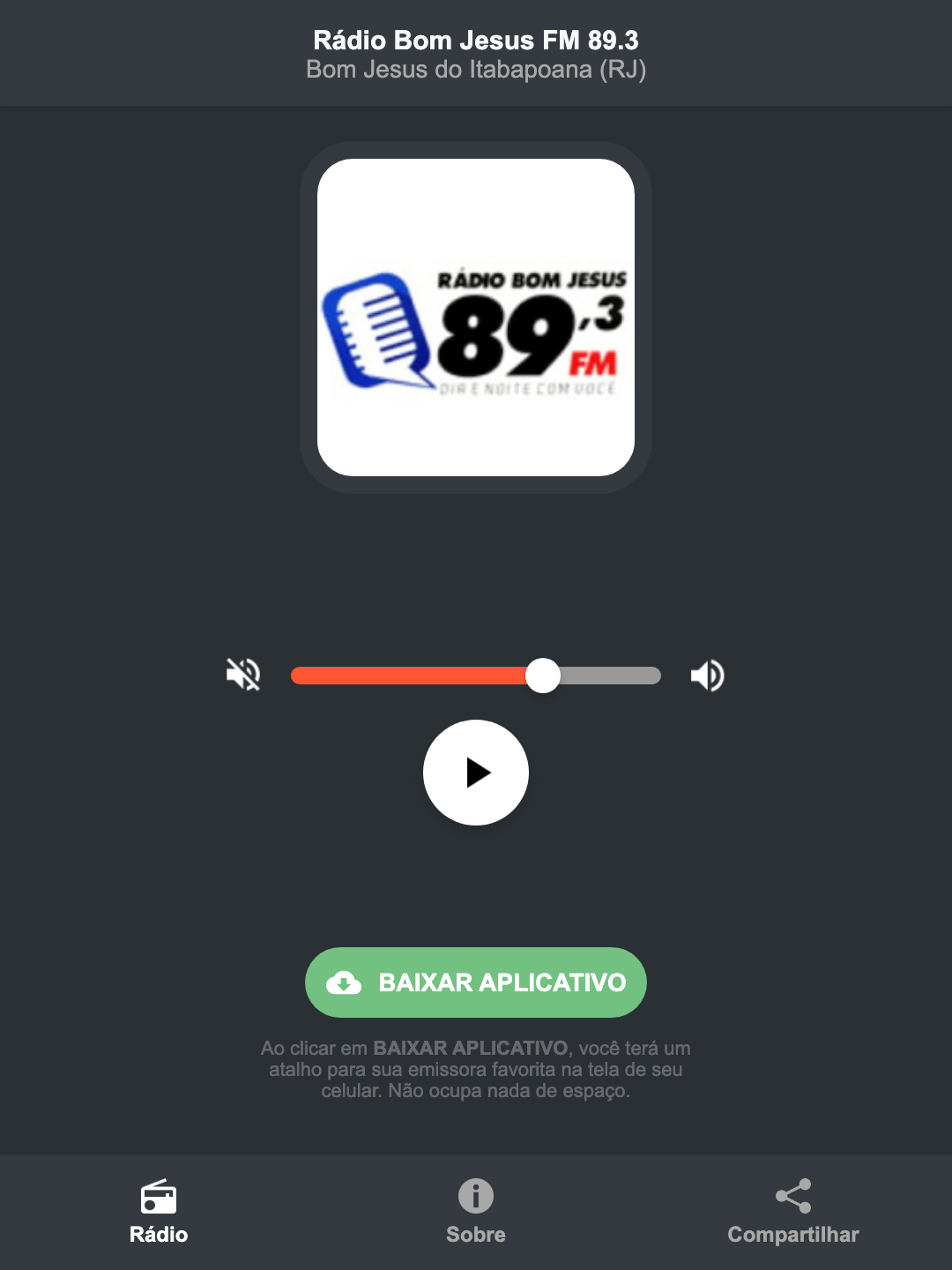 Screenshot do aplicativo da Rádio Bom Jesus FM 89.3