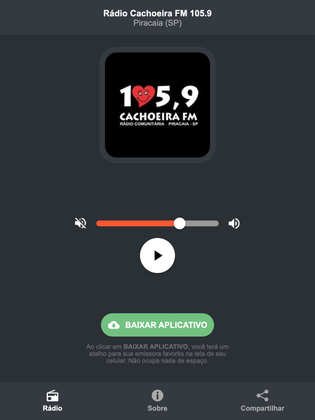 Screenshot do aplicativo da Rádio Cachoeira FM 105.9