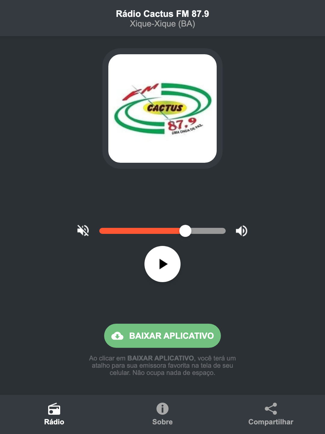 Screenshot do aplicativo da Rádio Cactus FM 87.9