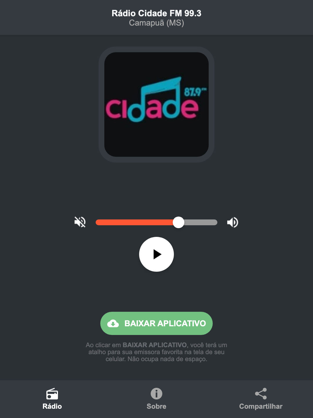 Screenshot do aplicativo da Rádio Cidade FM 99.3
