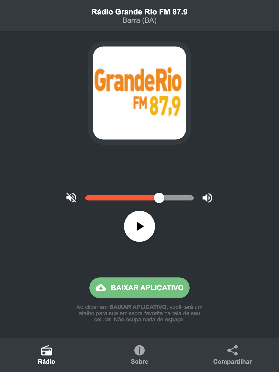 Screenshot do aplicativo da Rádio Grande Rio FM 87.9